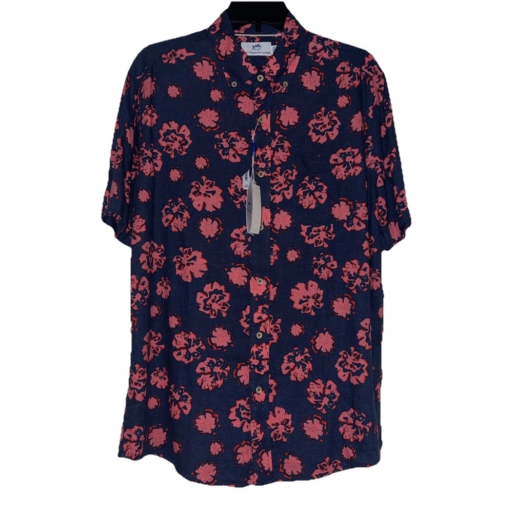 NWT~MEDIUM~Southern Tide Men's Linen Blend Button Shirt Light Indigo